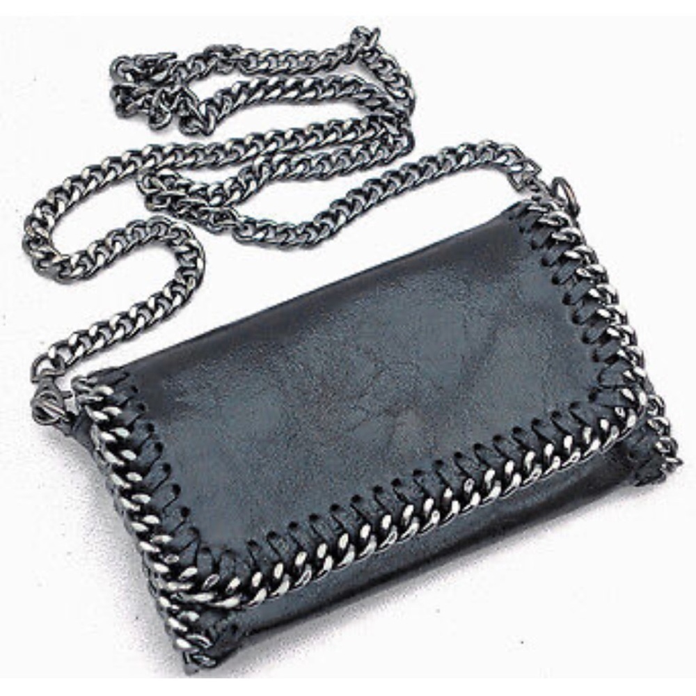 NWOT Borse in Pelle Clutch Genuine Leather Black Cross Body Chain Made in Italy